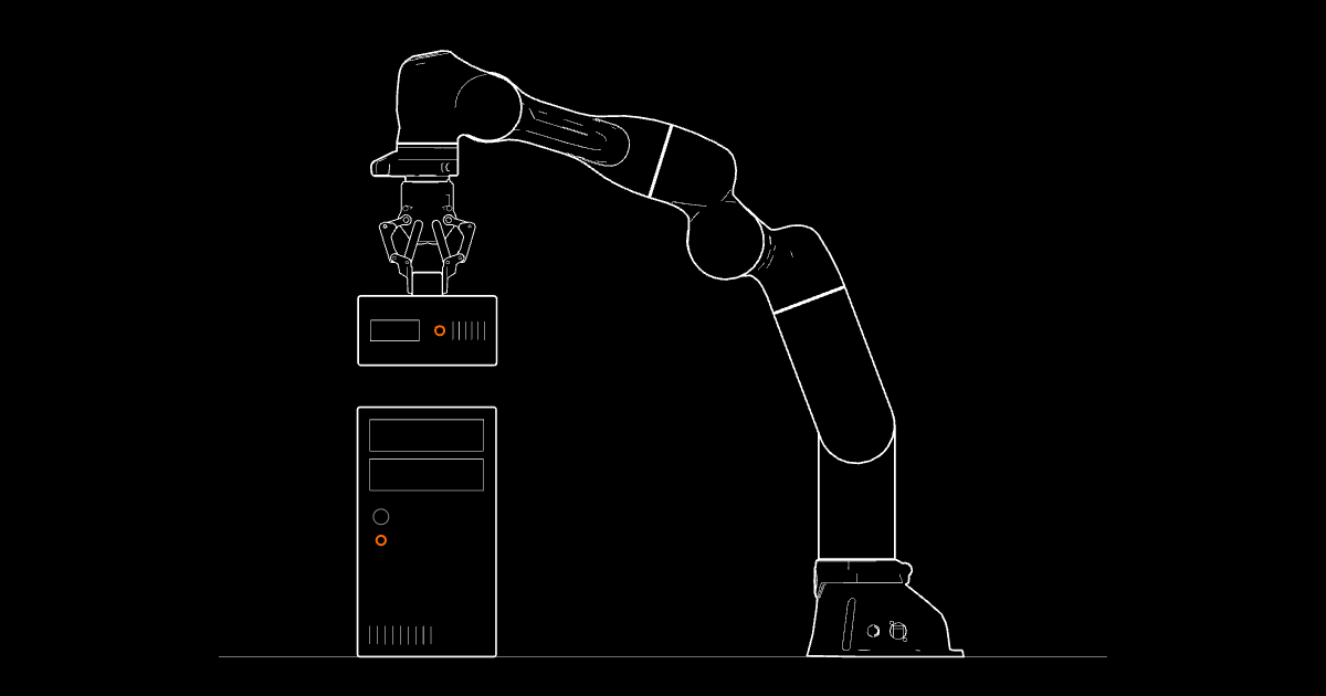Line drawing of a Franka robot arm lowering a small PC onto a tower PC.